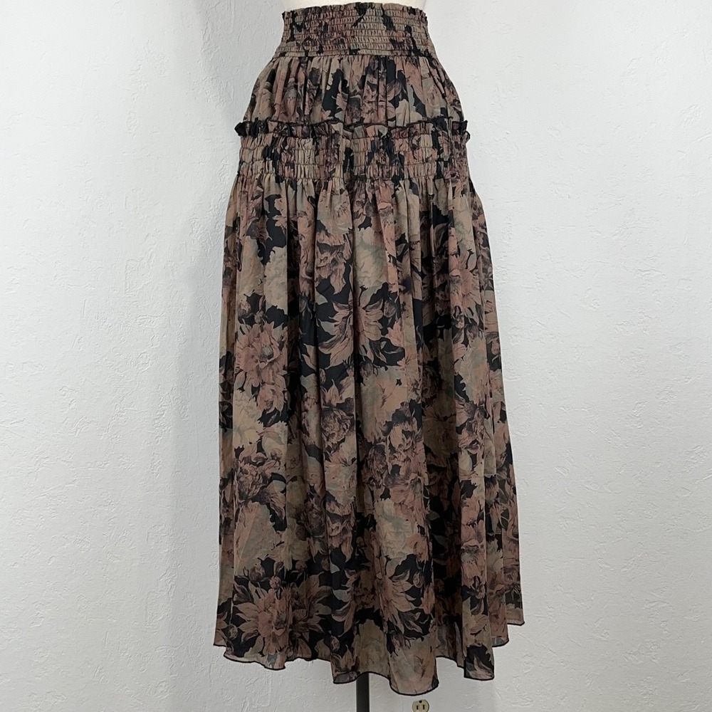 Whimsigoth Dark Fairy Grunge Cottage Maxi Skirt Size Small Floral Ruffle Smocked